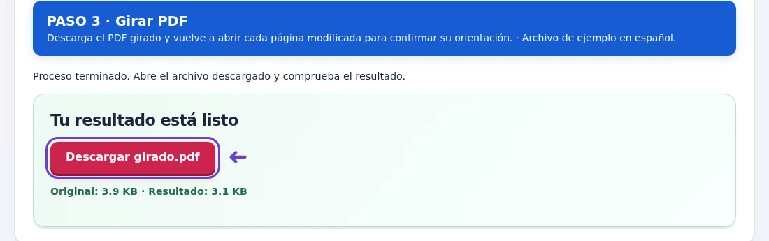 Girar PDF, paso 3: Descarga el PDF girado y vuelve a abrir cada página modificada para confirmar su orientación.