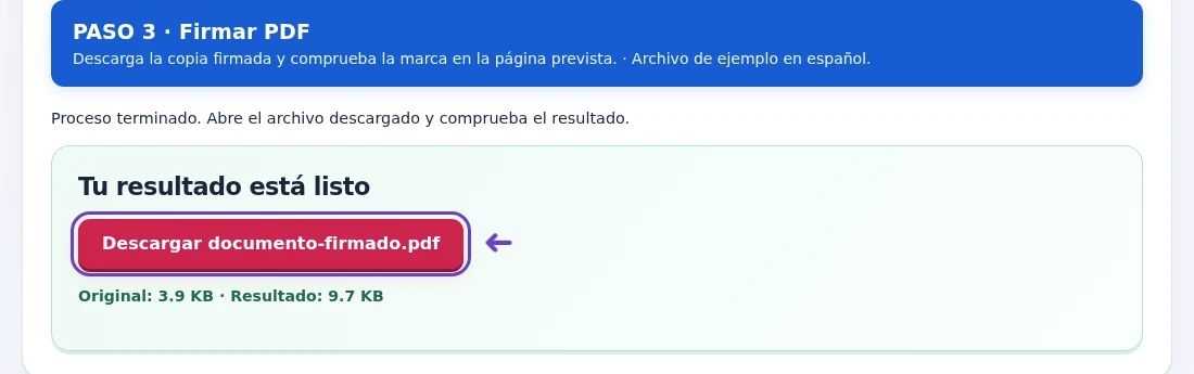 Firmar PDF, paso 3: Descarga la copia firmada y comprueba la marca en la página prevista.