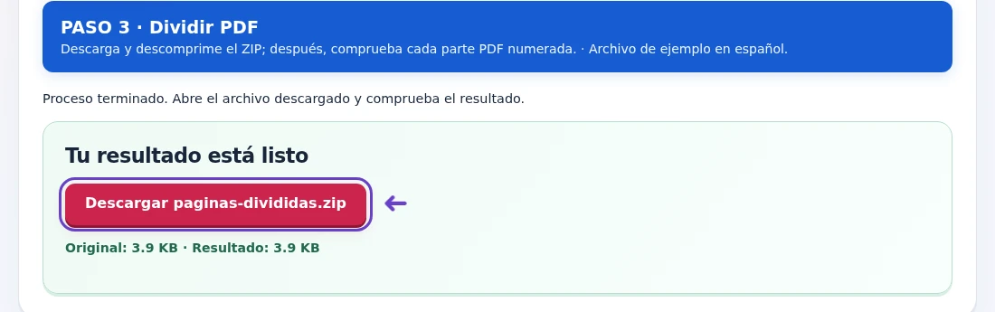 Dividir PDF, paso 3: Descarga y descomprime el ZIP; después, comprueba cada parte PDF numerada.