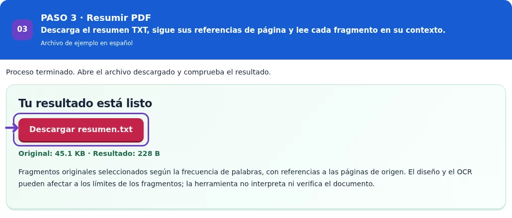 Resumir PDF, paso 3: Descarga el resumen TXT, sigue sus referencias de página y lee cada fragmento en su contexto.