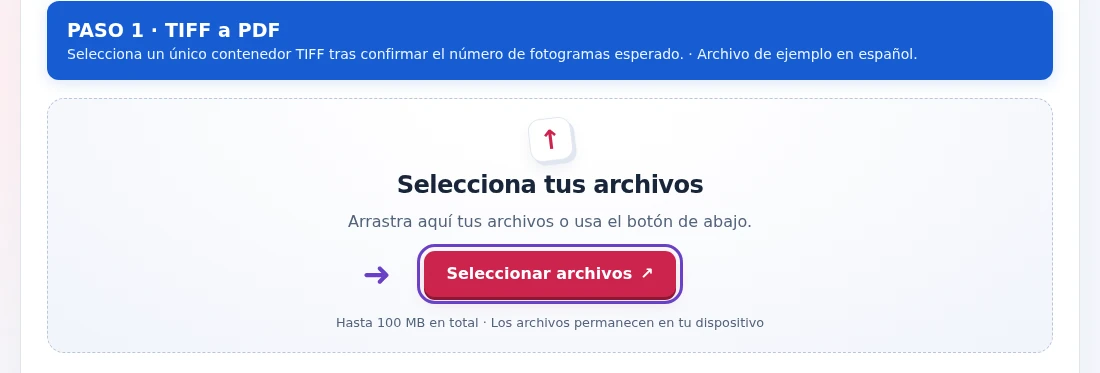 TIFF a PDF, paso 1: Selecciona un único contenedor TIFF tras confirmar el número de fotogramas esperado.