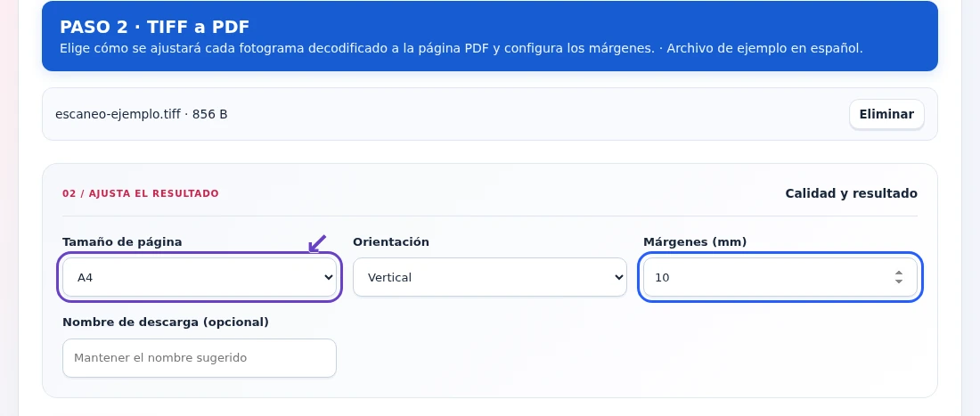 TIFF a PDF, paso 2: Elige cómo se ajustará cada fotograma decodificado a la página PDF y configura los márgenes.