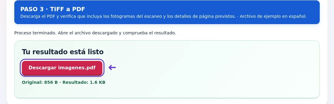 TIFF a PDF, paso 3: Descarga el PDF y verifica que incluya los fotogramas del escaneo y los detalles de página previstos.