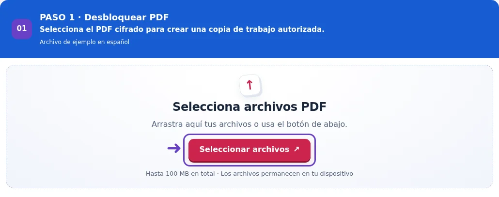 Desbloquear PDF, paso 1: Selecciona el PDF cifrado para crear una copia de trabajo autorizada.