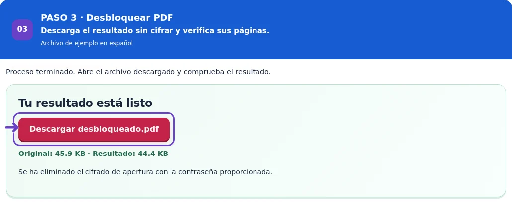 Desbloquear PDF, paso 3: Descarga el resultado sin cifrar y verifica sus páginas.