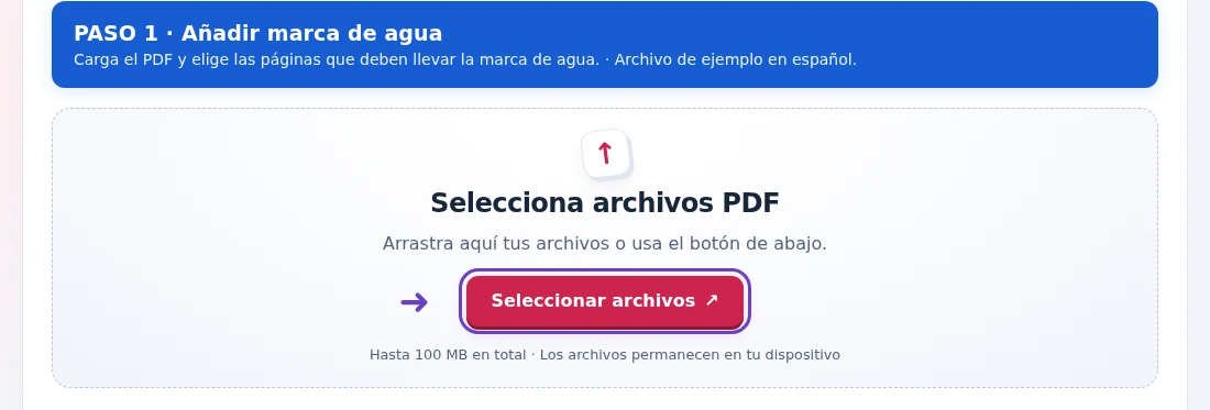 Añadir marca de agua, paso 1: Carga el PDF y elige las páginas que deben llevar la marca de agua.