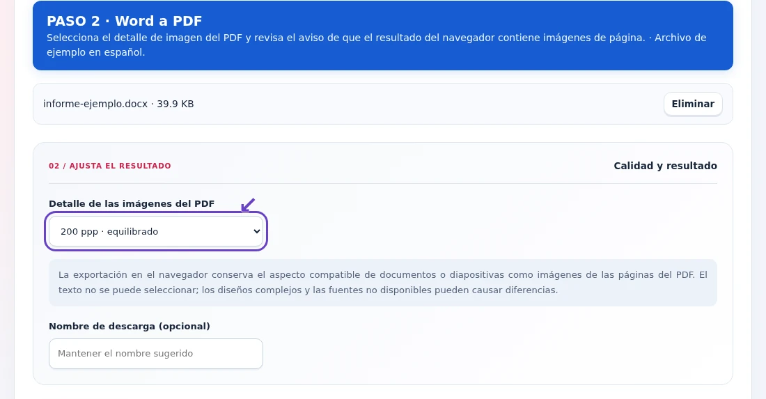 Word a PDF, paso 2: Selecciona el detalle de imagen del PDF y revisa el aviso de que el resultado del navegador contiene imágenes de página.