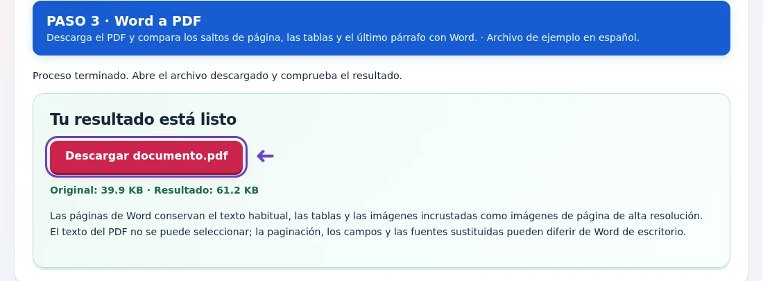 Word a PDF, paso 3: Descarga el PDF y compara los saltos de página, las tablas y el último párrafo con Word.