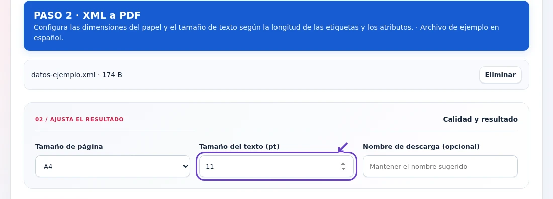XML a PDF, paso 2: Configura las dimensiones del papel y el tamaño de texto según la longitud de las etiquetas y los atributos.