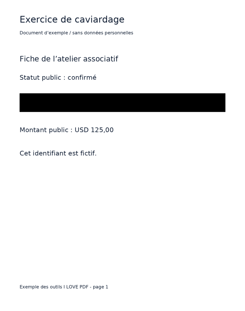 PDF caviardé réel montrant un rectangle noir uni uniquement sur la ligne de l’identifiant fictif.
