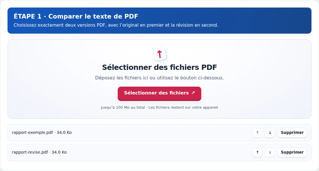 Comparer le texte de PDF, étape 1 : Choisissez exactement deux versions PDF, avec l’original en premier et la révision en second.