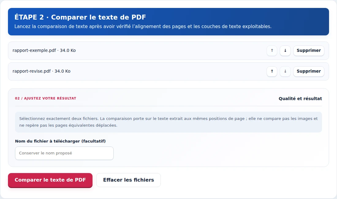Comparer le texte de PDF, étape 2 : Lancez la comparaison de texte après avoir vérifié l’alignement des pages et les couches de texte exploitables.