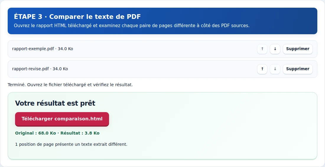 Comparer le texte de PDF, étape 3 : Ouvrez le rapport HTML téléchargé et examinez chaque paire de pages différente à côté des PDF sources.