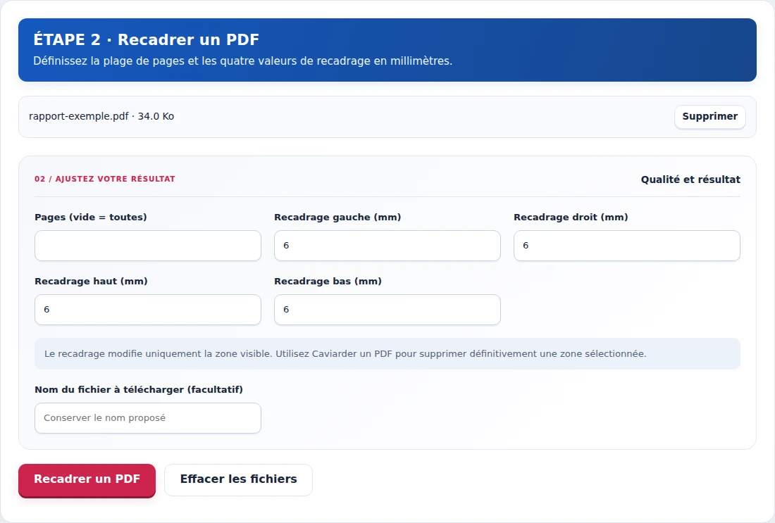 Recadrer un PDF, étape 2 : Définissez la plage de pages et les quatre valeurs de recadrage en millimètres.
