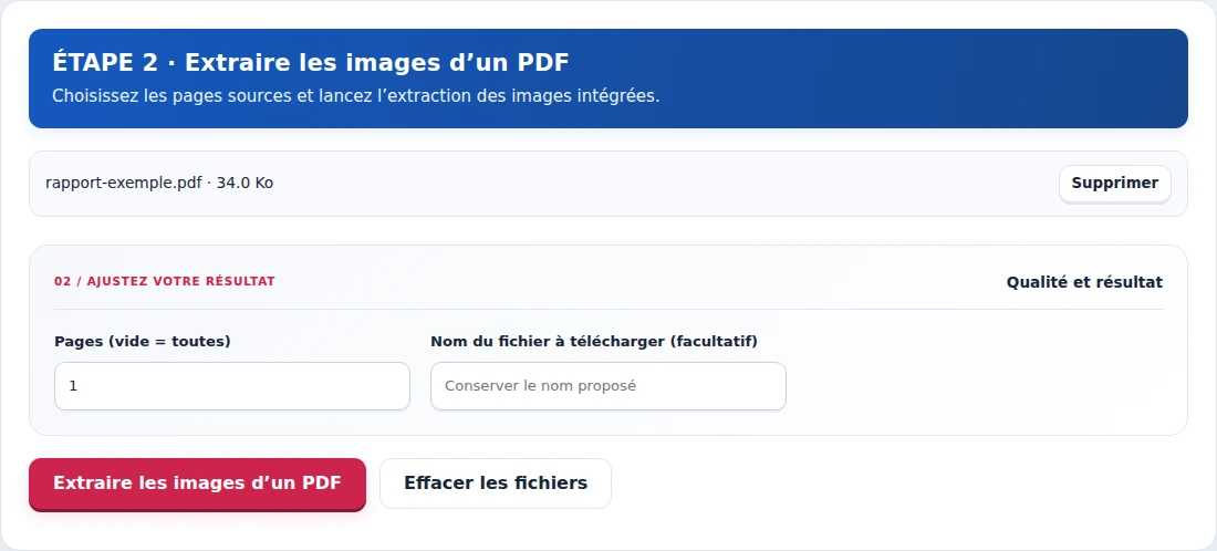 Extraire les images d’un PDF, étape 2 : Choisissez les pages sources et lancez l’extraction des images intégrées.