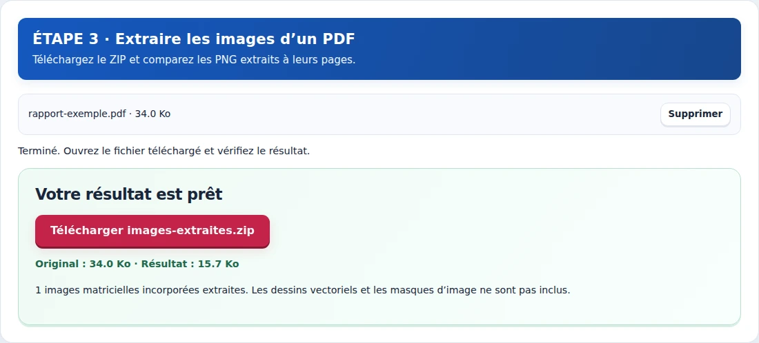 Extraire les images d’un PDF, étape 3 : Téléchargez le ZIP et comparez les PNG extraits à leurs pages.