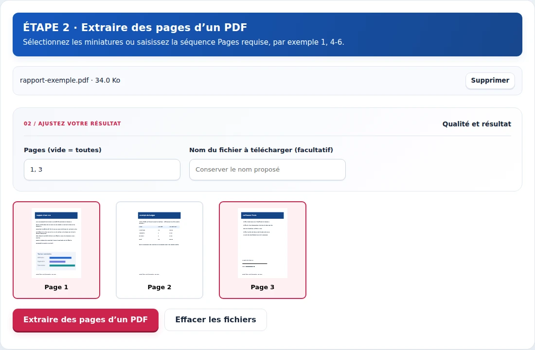 Extraire des pages d’un PDF, étape 2 : Sélectionnez les miniatures ou saisissez la séquence Pages requise, par exemple 1, 4-6.
