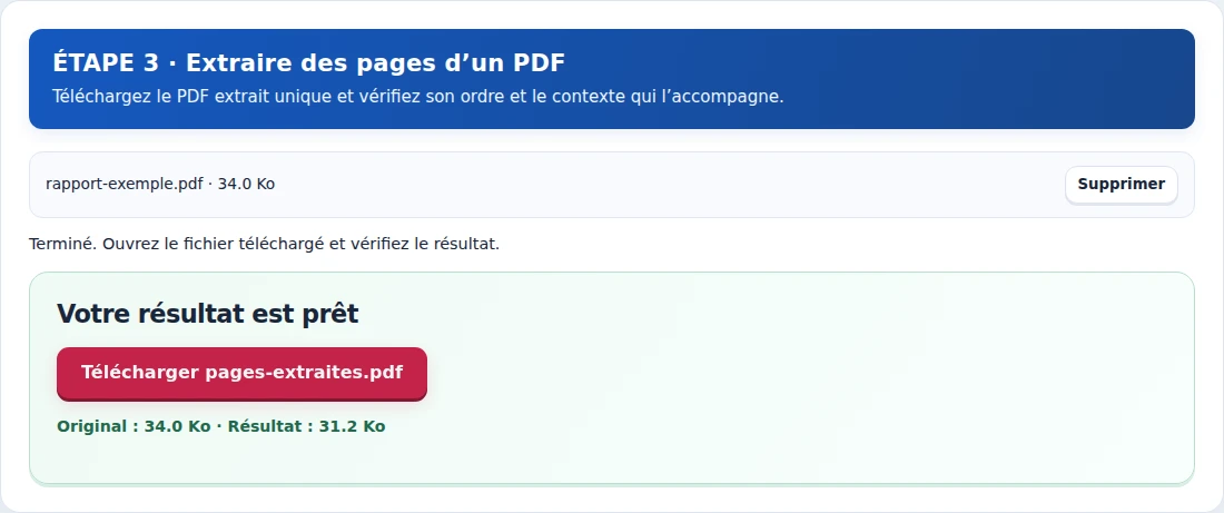 Extraire des pages d’un PDF, étape 3 : Téléchargez le PDF extrait unique et vérifiez son ordre et le contexte qui l’accompagne.
