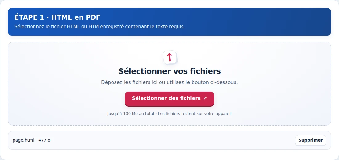 HTML en PDF, étape 1 : Sélectionnez le fichier HTML ou HTM enregistré contenant le texte requis.