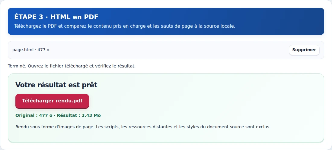 HTML en PDF, étape 3 : Téléchargez le PDF et comparez le contenu pris en charge et les sauts de page à la source locale.