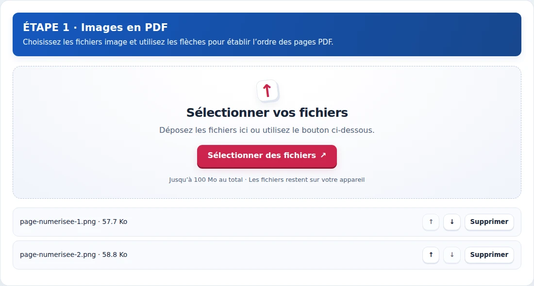 Images en PDF, étape 1 : Choisissez les fichiers image et utilisez les flèches pour établir l’ordre des pages PDF.