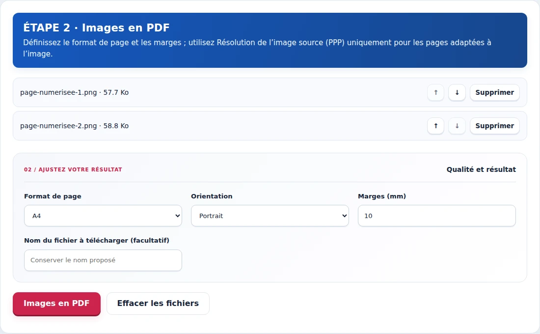 Images en PDF, étape 2 : Définissez le format de page et les marges ; utilisez Résolution de l’image source (PPP) uniquement pour les pages adaptées à l’image.