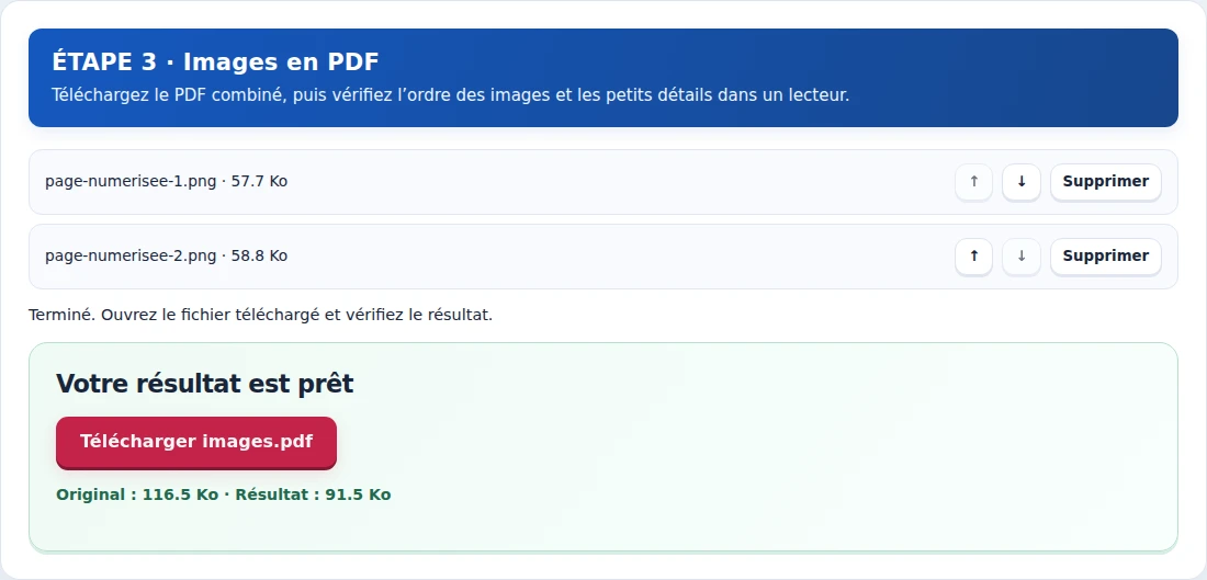Images en PDF, étape 3 : Téléchargez le PDF combiné, puis vérifiez l’ordre des images et les petits détails dans un lecteur.