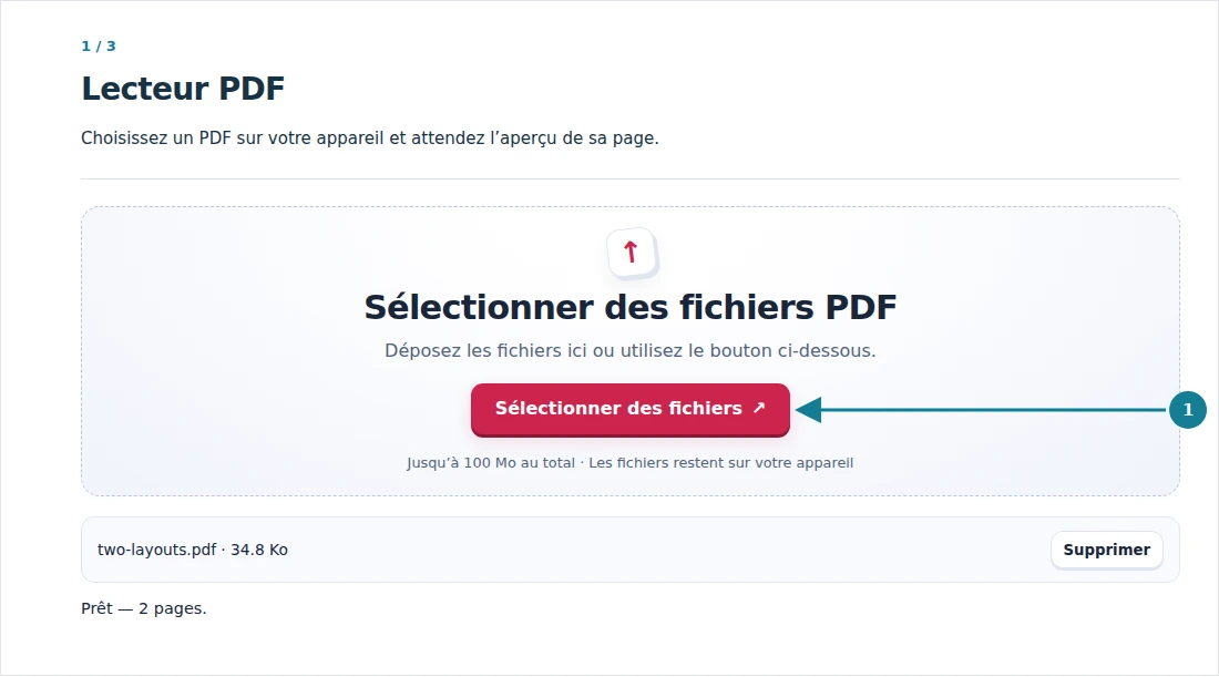 Lecteur PDF, étape 1 : Choisissez un PDF sur votre appareil et attendez l’aperçu de sa page.