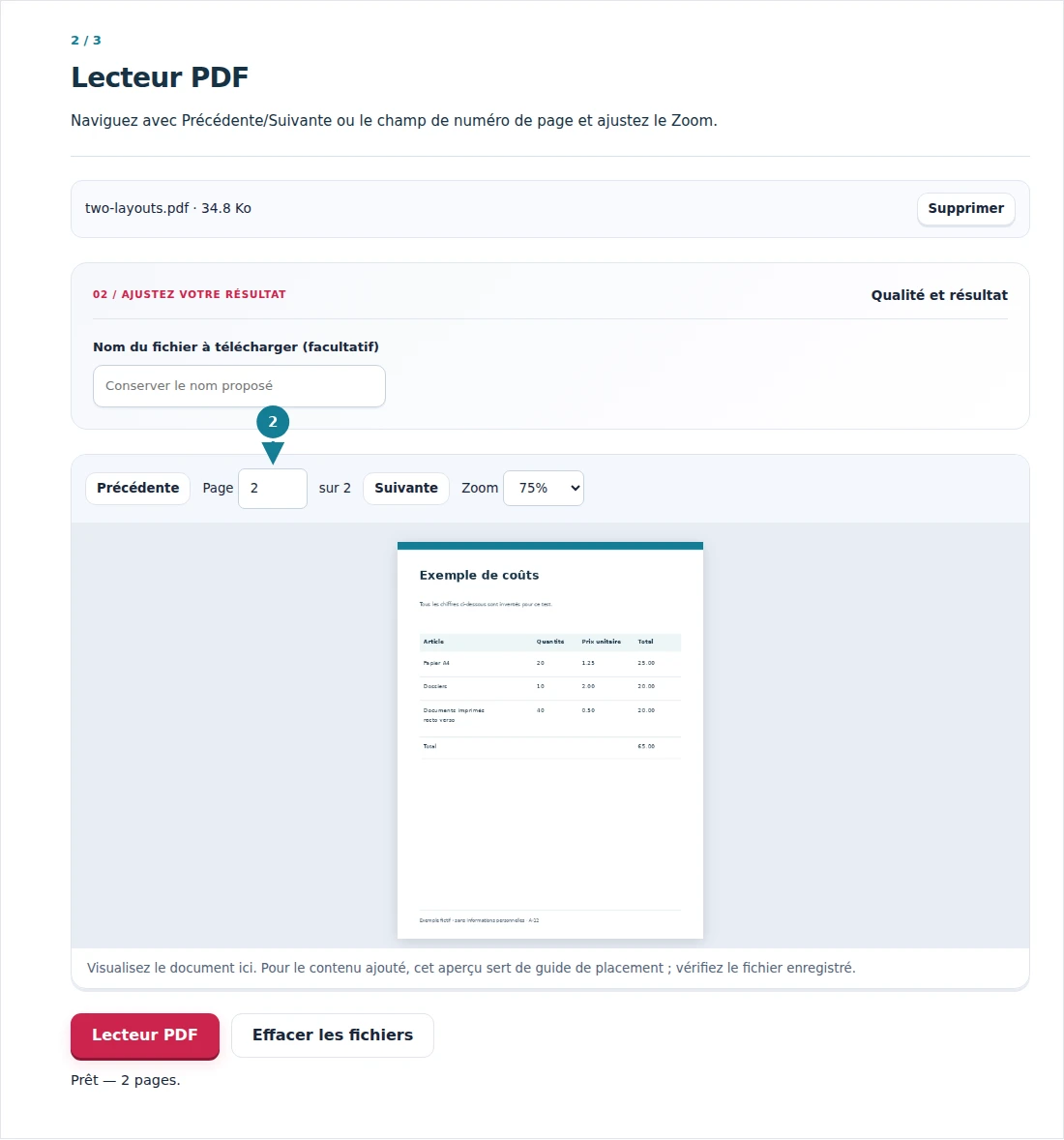 Lecteur PDF, étape 2 : Naviguez avec Précédente/Suivante ou le champ de numéro de page et ajustez le Zoom.