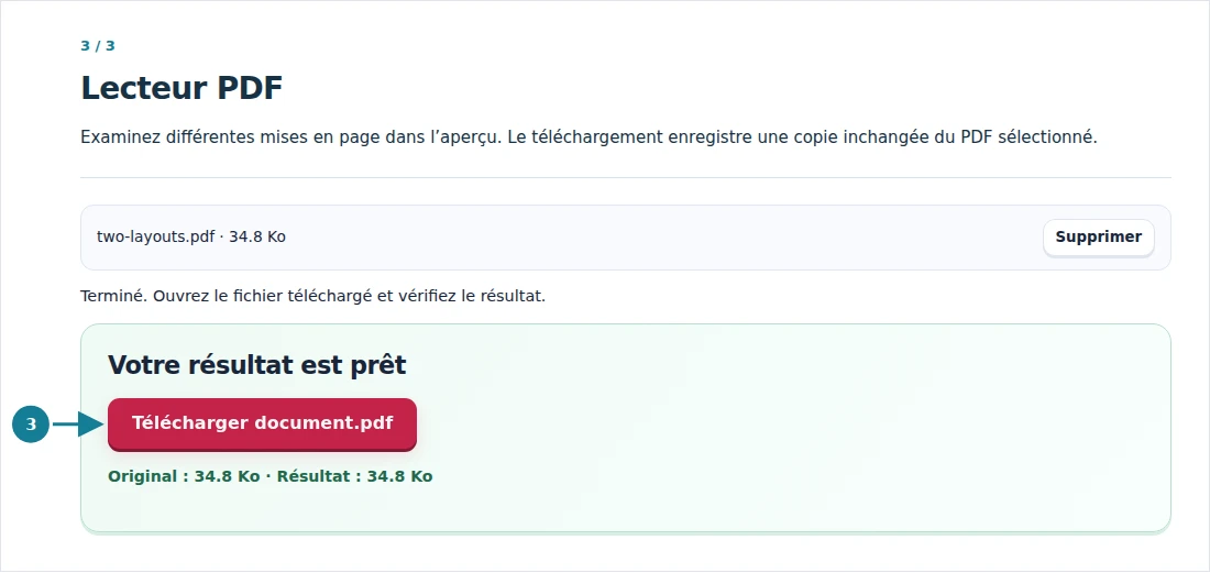 Lecteur PDF, étape 3 : Examinez différentes mises en page dans l’aperçu. Le téléchargement enregistre une copie inchangée du PDF sélectionné.