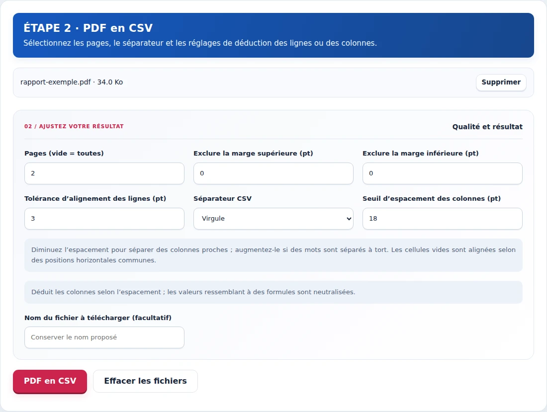 PDF en CSV, étape 2 : Sélectionnez les pages, le séparateur et les réglages de déduction des lignes ou des colonnes.