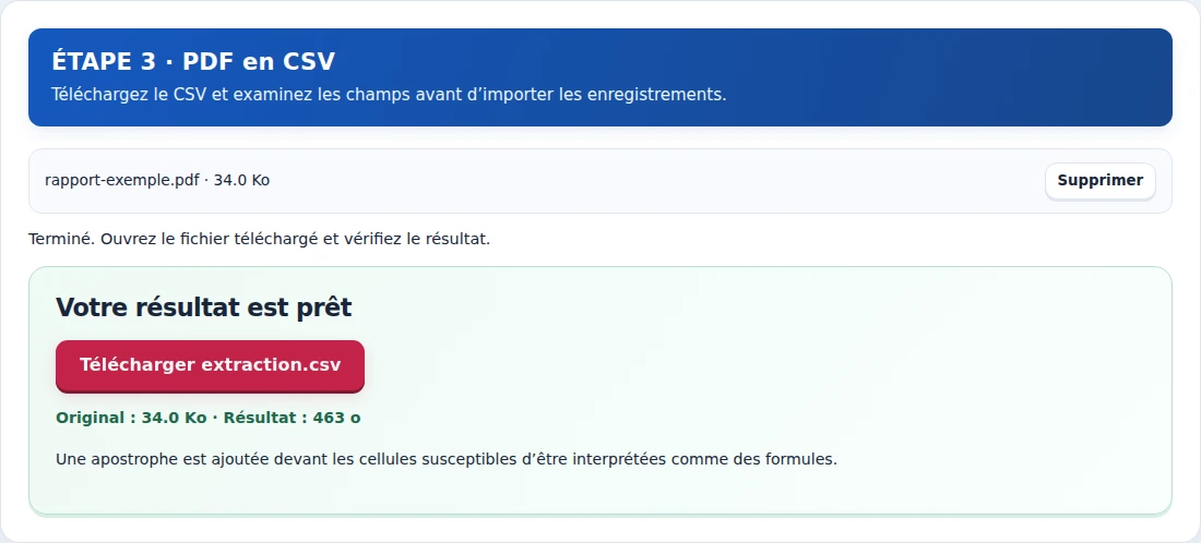 PDF en CSV, étape 3 : Téléchargez le CSV et examinez les champs avant d’importer les enregistrements.