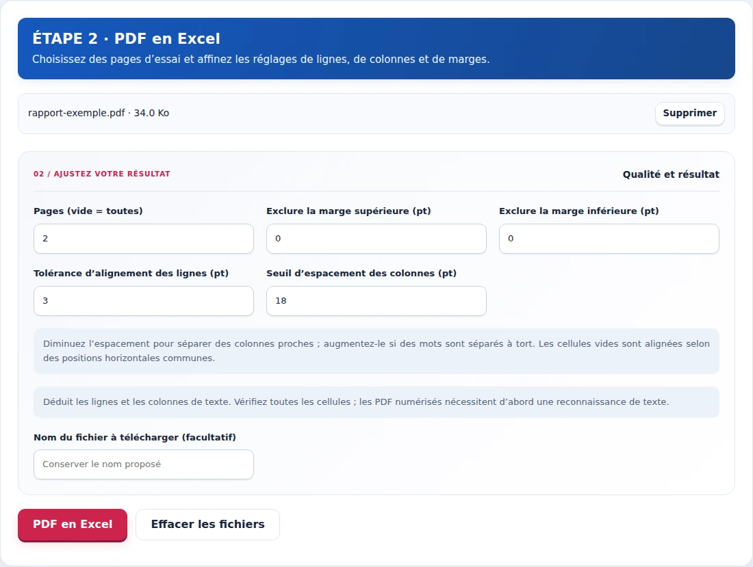 PDF en Excel, étape 2 : Choisissez des pages d’essai et affinez les réglages de lignes, de colonnes et de marges.
