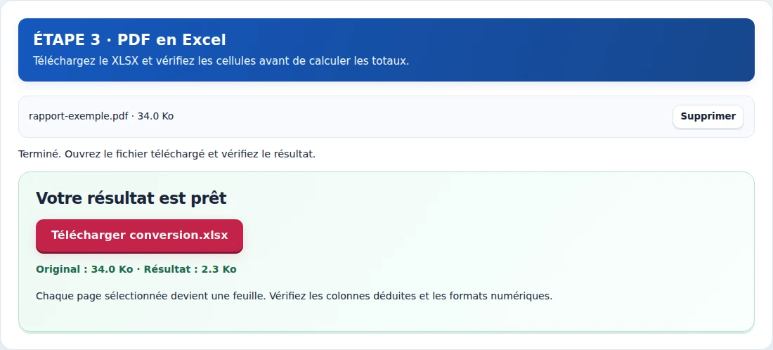 PDF en Excel, étape 3 : Téléchargez le XLSX et vérifiez les cellules avant de calculer les totaux.
