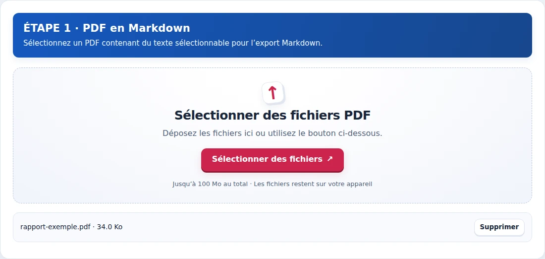 PDF en Markdown, étape 1 : Sélectionnez un PDF contenant du texte sélectionnable pour l’export Markdown.