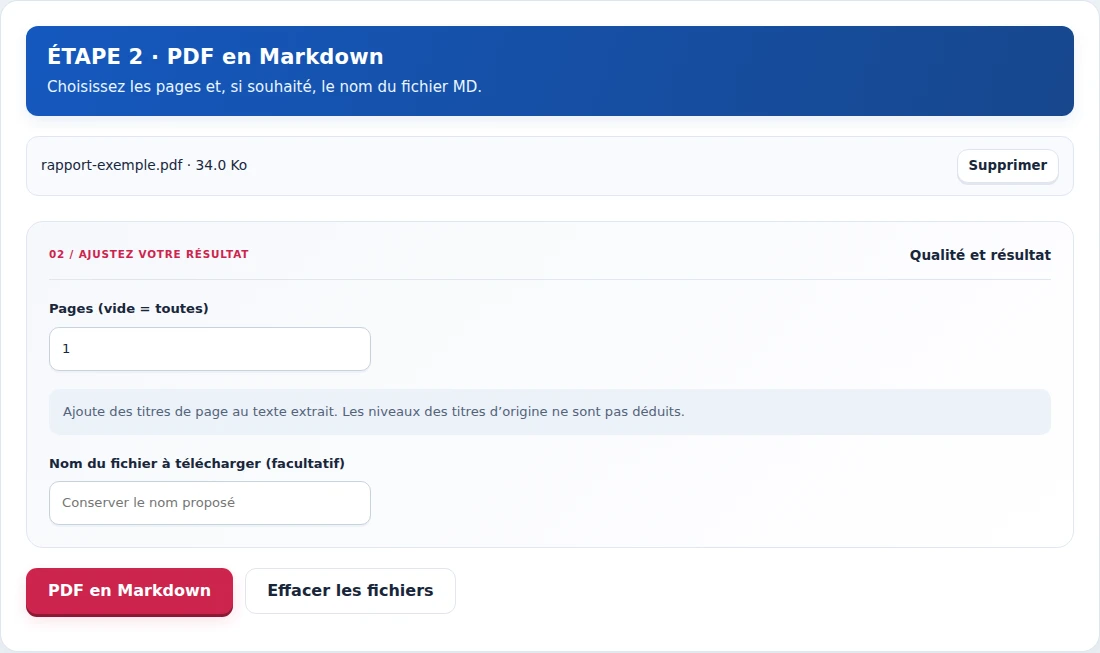 PDF en Markdown, étape 2 : Choisissez les pages et, si souhaité, le nom du fichier MD.
