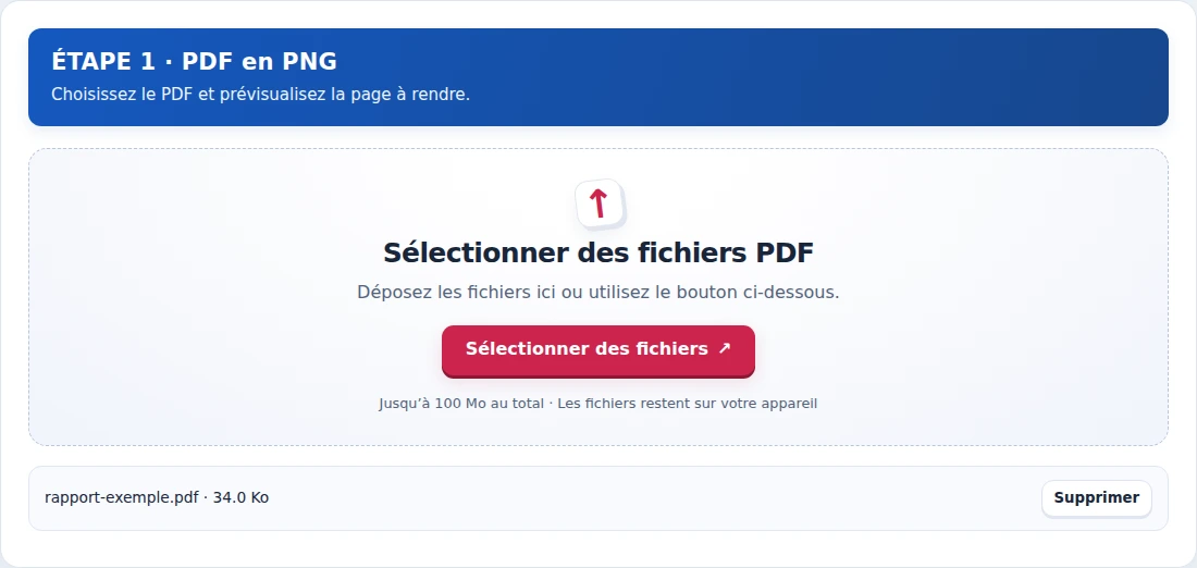 PDF en PNG, étape 1 : Choisissez le PDF et prévisualisez la page à rendre.