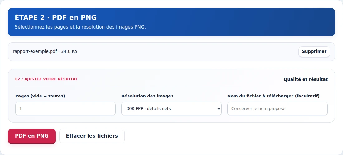 PDF en PNG, étape 2 : Sélectionnez les pages et la résolution des images PNG.