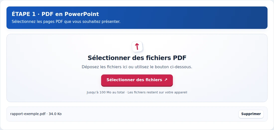PDF en PowerPoint, étape 1 : Sélectionnez les pages PDF que vous souhaitez présenter.