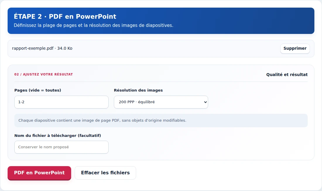 PDF en PowerPoint, étape 2 : Définissez la plage de pages et la résolution des images de diapositives.