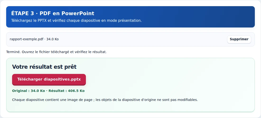 PDF en PowerPoint, étape 3 : Téléchargez le PPTX et vérifiez chaque diapositive en mode présentation.