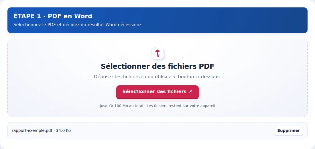 PDF en Word, étape 1 : Sélectionnez le PDF et décidez du résultat Word nécessaire.