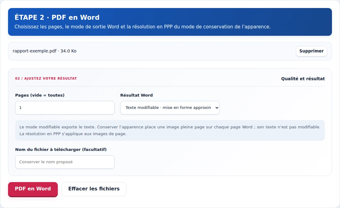 PDF en Word, étape 2 : Choisissez les pages, le mode de sortie Word et la résolution en PPP du mode de conservation de l’apparence.