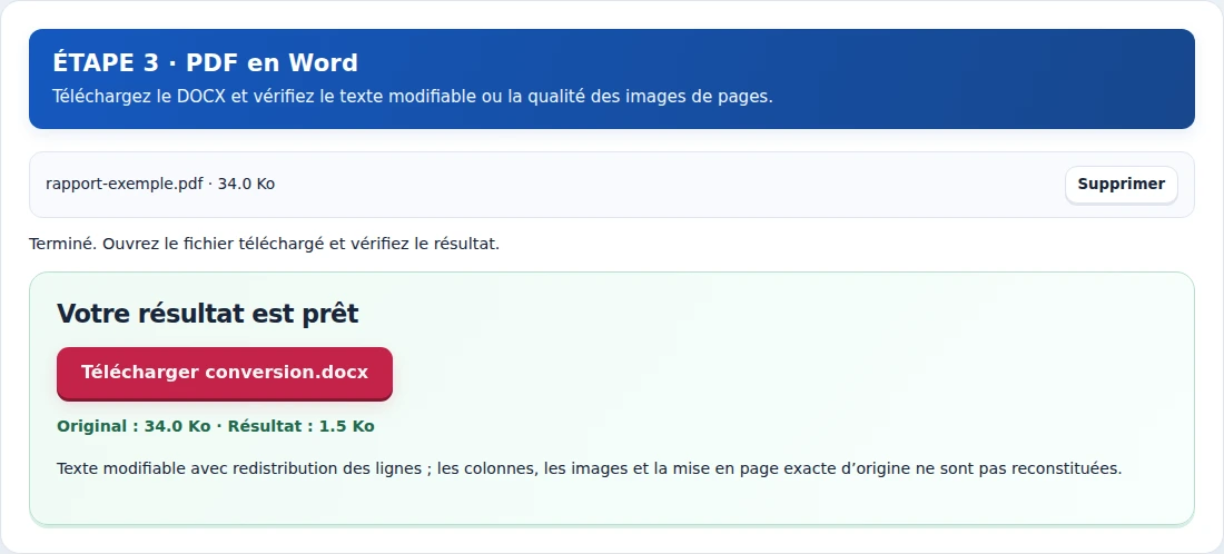 PDF en Word, étape 3 : Téléchargez le DOCX et vérifiez le texte modifiable ou la qualité des images de pages.