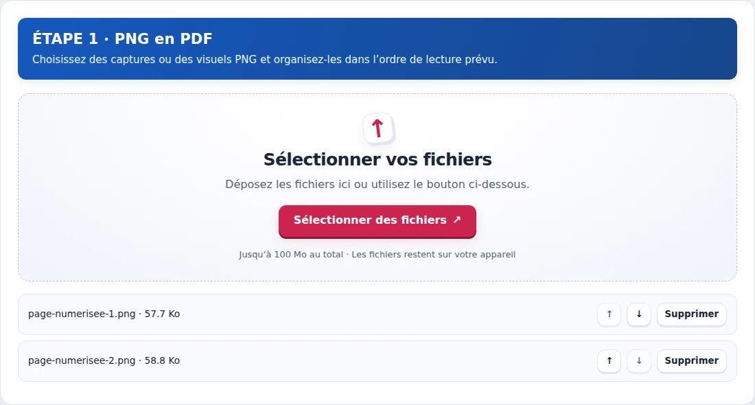 PNG en PDF, étape 1 : Choisissez des captures ou des visuels PNG et organisez-les dans l’ordre de lecture prévu.