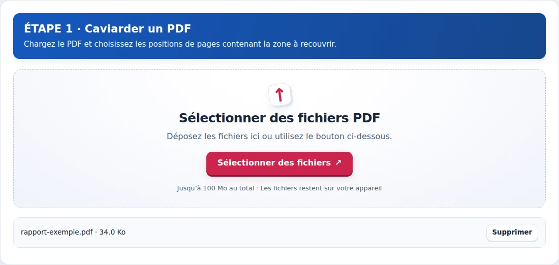 Caviarder un PDF, étape 1 : Chargez le PDF et choisissez les positions de pages contenant la zone à recouvrir.