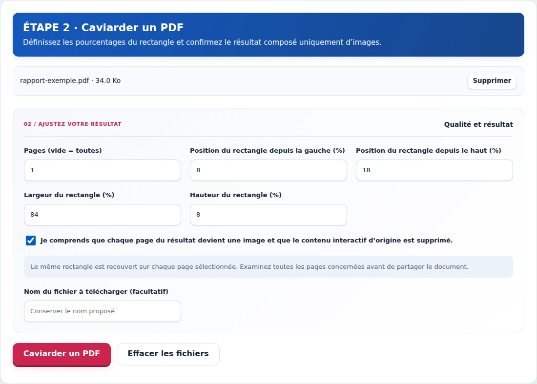 Caviarder un PDF, étape 2 : Définissez les pourcentages du rectangle et confirmez le résultat composé uniquement d’images.