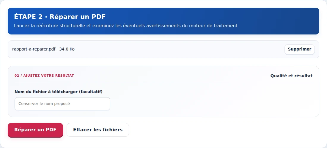 Réparer un PDF, étape 2 : Lancez la réécriture structurelle et examinez les éventuels avertissements du moteur de traitement.