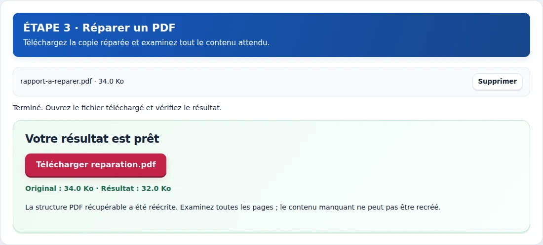 Réparer un PDF, étape 3 : Téléchargez la copie réparée et examinez tout le contenu attendu.
