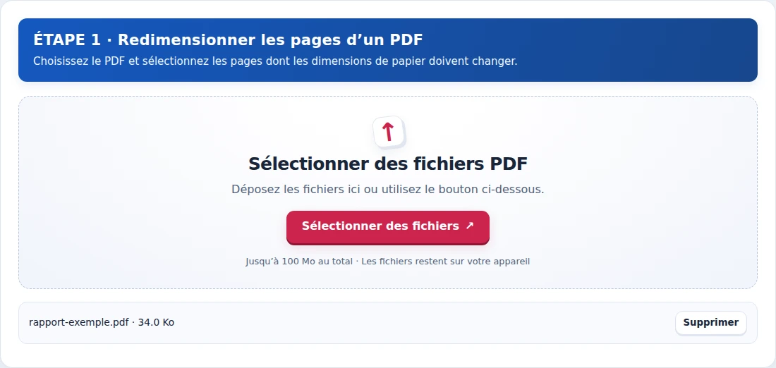 Redimensionner les pages d’un PDF, étape 1 : Choisissez le PDF et sélectionnez les pages dont les dimensions de papier doivent changer.